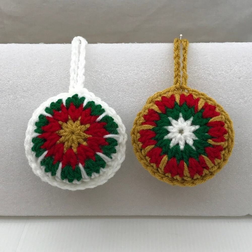 Vintage Style Crochet Christmas Stuffed Medallion Baubles Handmade Set of 2